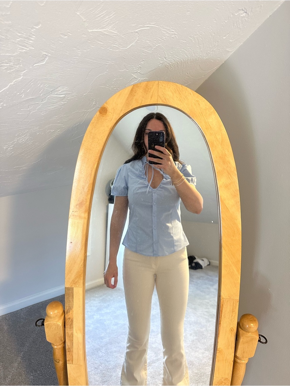 Zara Light Blue Button-Up Top with Puff Sleeves and tie detail